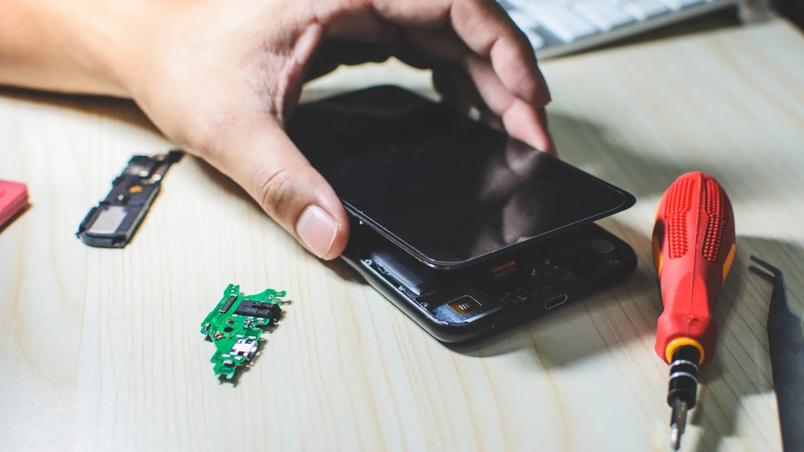 celular com a parte traseira aberta e uma chave de fenda