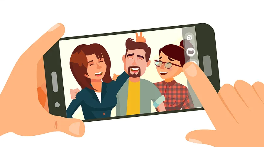 Mãos de desenho animado segurando um celular com uma foto.