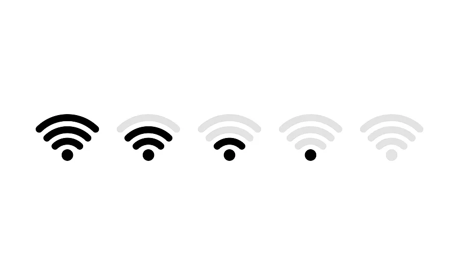 cinco ícones de sinal de Wi-Fi alinhados, cada um com intensidade decrescente da esquerda para a direita