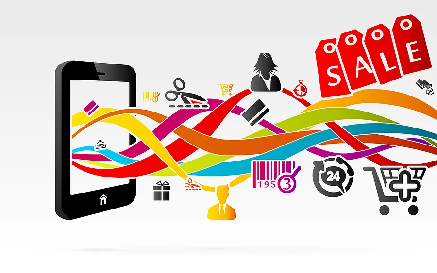 Ilustração de um smartphone com fitas coloridas conectando ícones de compras, etiquetas de promoção, código de barras e símbolos de carrinho de compras