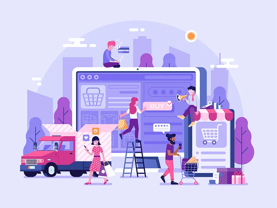 Ilustração de consumidores comprando smartphones pela internet, mostrando a tela grande de um celular com um botão de compra, carrinhos de compras, um caminhão de entrega e pessoas comparando ofertas e compras.